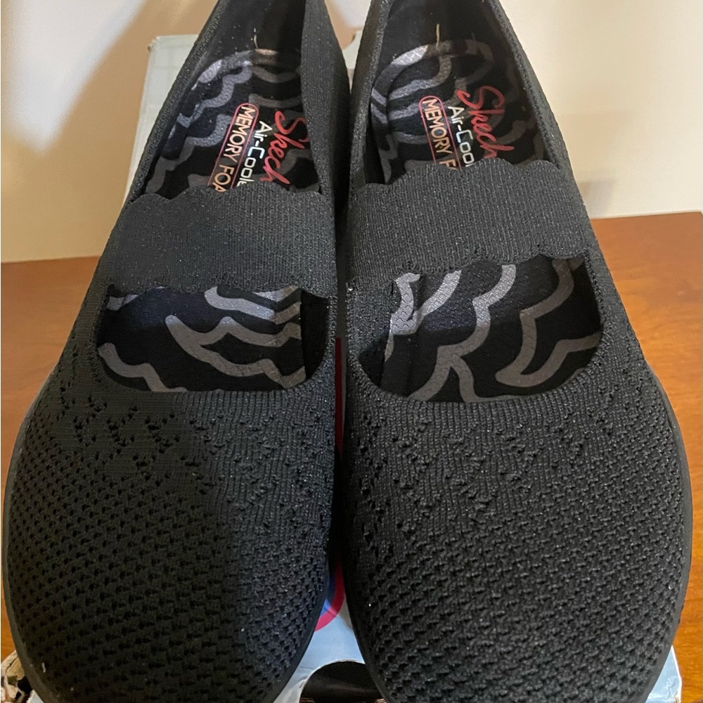Skechers Black Knit Mary Jane Slip-Ons with Elastic Strap